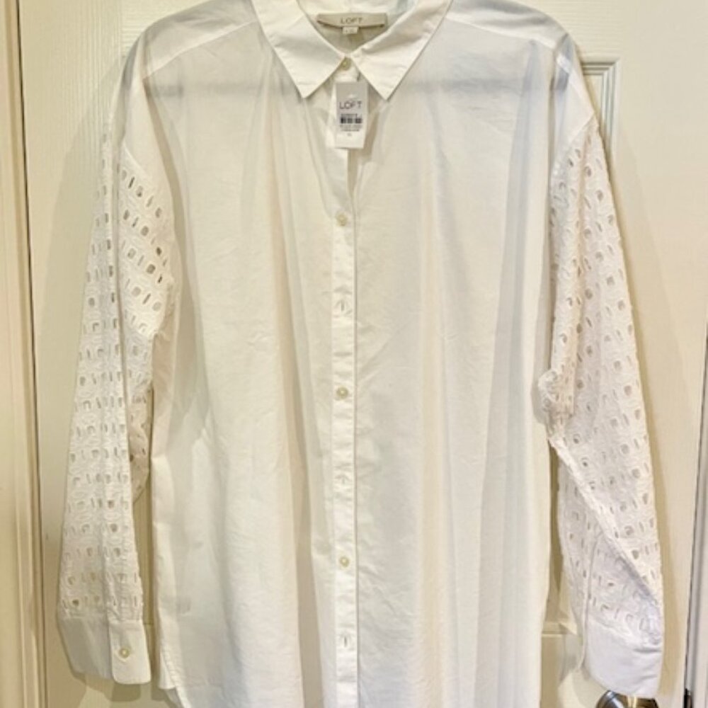 NWT - LOFT White tunic long- sleeve top; cutout sleeves; sz XL